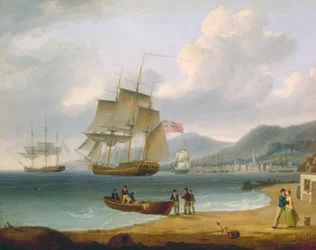 Handelsschiffe unter Segel und vor Anker vor einer Stadt